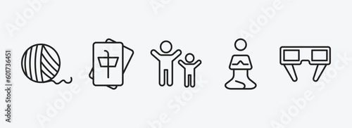 activity and hobbies outline icons set. activity and hobbies icons such as yarn ball, mahjong, aerobic, meditating, 3d glasses vector. can be used web and mobile.