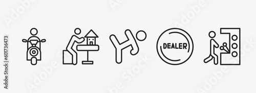 activity and hobbies outline icons set. activity and hobbies icons such as motorcycle riding, model building, martial art, dealer, pachinko vector. can be used web and mobile.