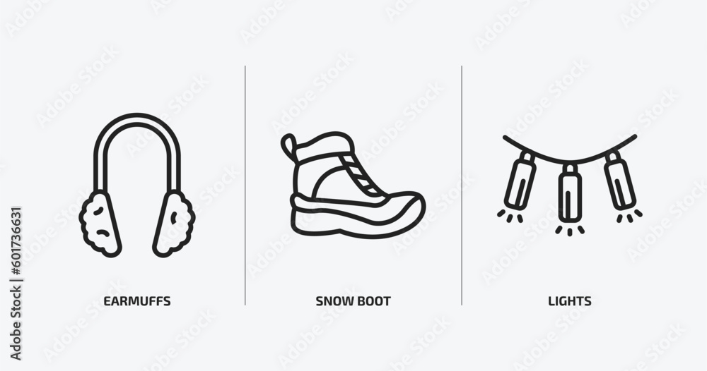 winter outline icons set. winter icons such as earmuffs, snow boot, lights vector. can be used web and mobile.