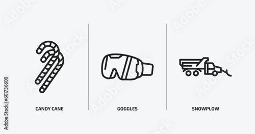 winter outline icons set. winter icons such as candy cane, goggles, snowplow vector. can be used web and mobile.