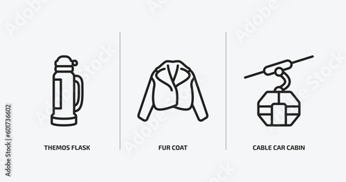 winter outline icons set. winter icons such as themos flask, fur coat, cable car cabin vector. can be used web and mobile.
