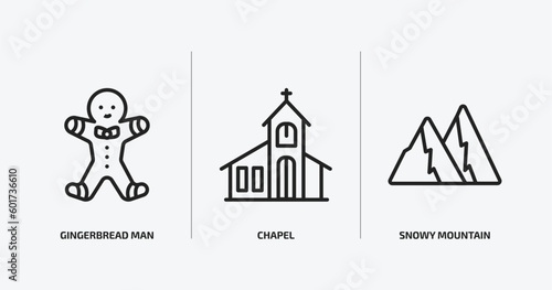 winter outline icons set. winter icons such as gingerbread man, chapel, snowy mountain vector. can be used web and mobile.
