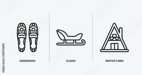 winter outline icons set. winter icons such as snowshoes, sledge, winter cabin vector. can be used web and mobile.