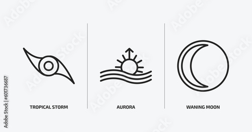 weather outline icons set. weather icons such as tropical storm, aurora, waning moon vector. can be used web and mobile.
