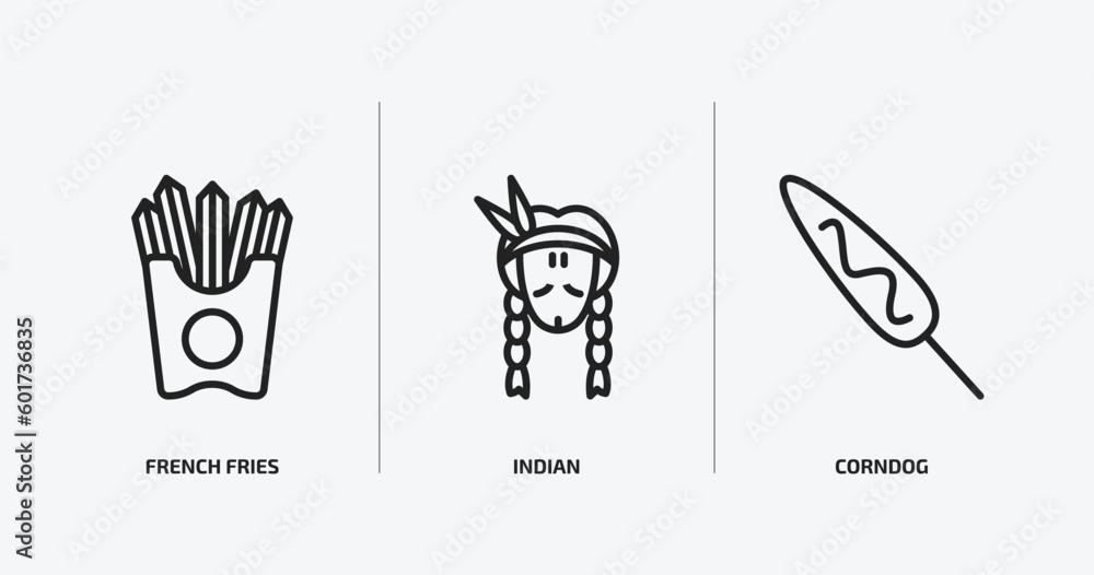 united states of america outline icons set. united states of america icons such as french fries, indian, corndog vector. can be used web and mobile.