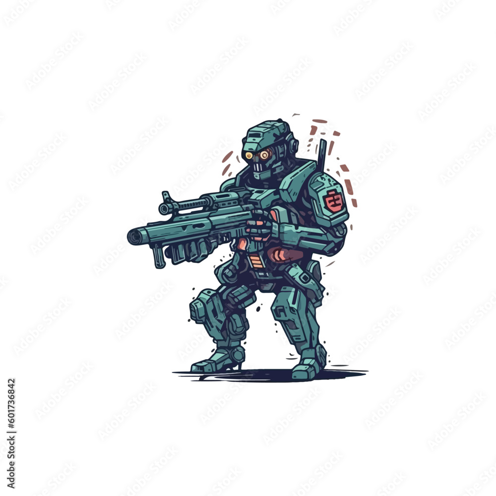 robot man with machine gun in hand. Technology Robot . flat color logo robot man with machine gun in hand. Technology Robot . flat color logo