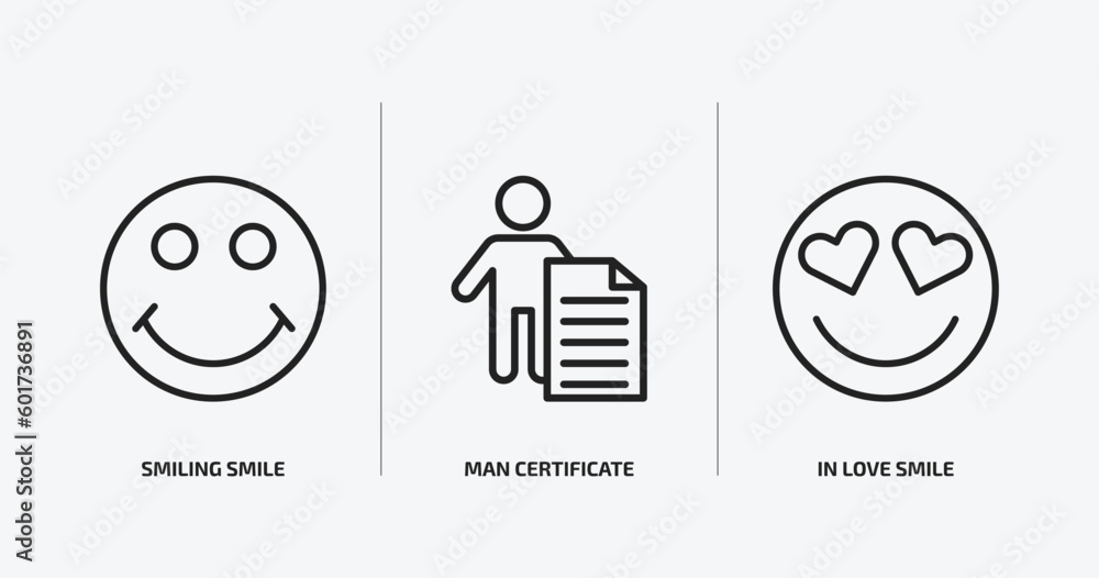 user interface outline icons set. user interface icons such as smiling smile, man certificate, in love smile vector. can be used web and mobile. user interface outline icons set. user interface icons such as smiling smile, man certificate, in love smile vector. can be used web and mobile.