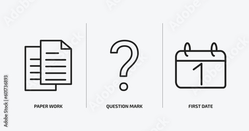 user interface outline icons set. user interface icons such as paper work, question mark, first date vector. can be used web and mobile.
