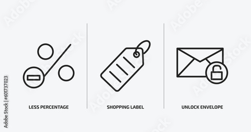 user interface outline icons set. user interface icons such as less percentage, shopping label, unlock envelope vector. can be used web and mobile.