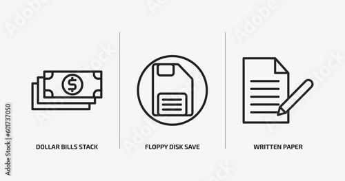 user interface outline icons set. user interface icons such as dollar bills stack, floppy disk save button, written paper vector. can be used web and mobile.