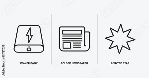 user interface outline icons set. user interface icons such as power bank, folded newspaper, pointed star vector. can be used web and mobile.