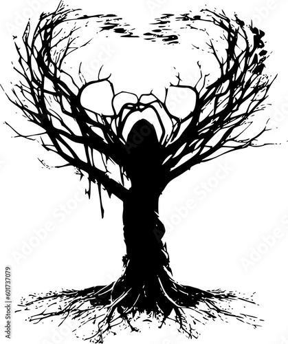 Vektor Silhouette - Baum mit Herzform und weiblicher Figur - Verbindung mit der Natur - Liebe