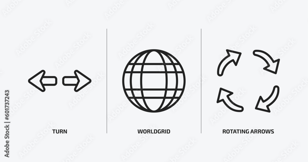 user interface outline icons set. user interface icons such as turn, worldgrid, rotating arrows vector. can be used web and mobile. user interface outline icons set. user interface icons such as turn, worldgrid, rotating arrows vector. can be used web and mobile.