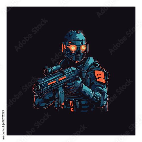 robot man with machine gun in hand. Technology Robot  . flat color logo