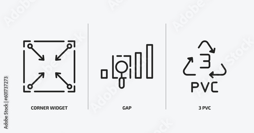user interface outline icons set. user interface icons such as corner widget, gap, 3 pvc vector. can be used web and mobile.