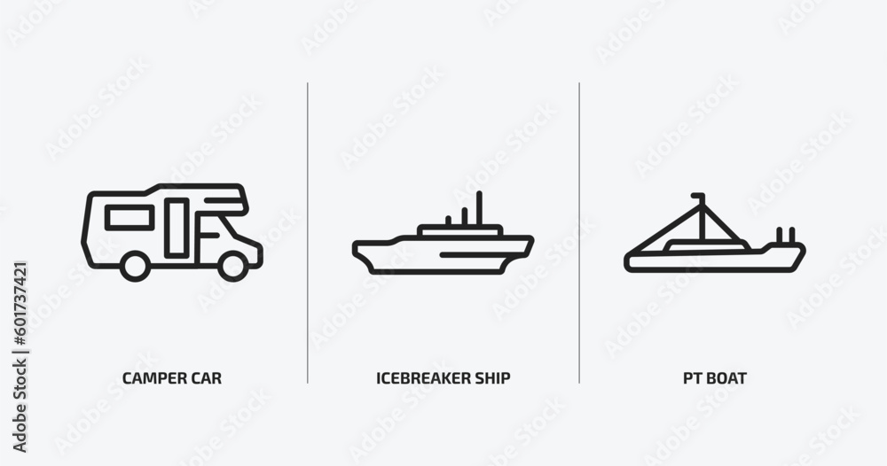 transportation outline icons set. transportation icons such as camper car, icebreaker ship, pt boat vector. can be used web and mobile.