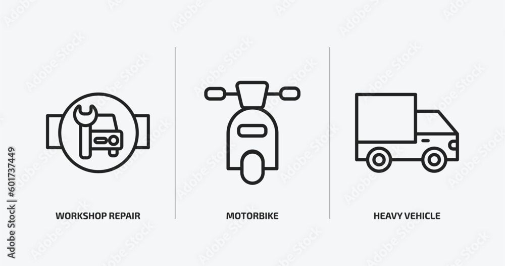 transport outline icons set. transport icons such as workshop repair, motorbike, heavy vehicle vector. can be used web and mobile. transport outline icons set. transport icons such as workshop repair, motorbike, heavy vehicle vector. can be used web and mobile.