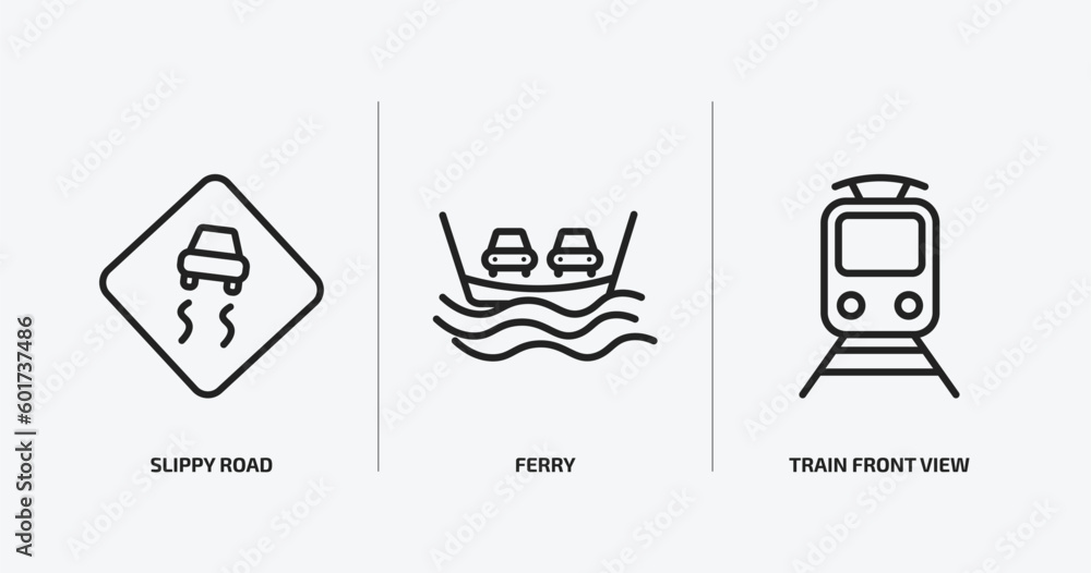 transport outline icons set. transport icons such as slippy road, ferry, train front view vector. can be used web and mobile. transport outline icons set. transport icons such as slippy road, ferry, train front view vector. can be used web and mobile.