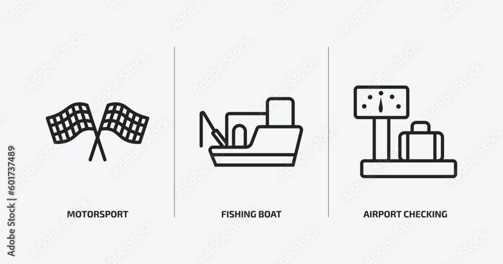 transport outline icons set. transport icons such as motorsport, fishing boat, airport checking vector. can be used web and mobile. transport outline icons set. transport icons such as motorsport, fishing boat, airport checking vector. can be used web and mobile.