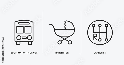 transport outline icons set. transport icons such as bus front with driver, babysitter, gearshift vector. can be used web and mobile.