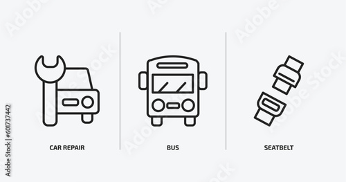 transport outline icons set. transport icons such as car repair, bus, seatbelt vector. can be used web and mobile.