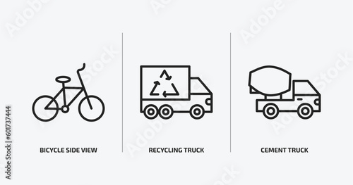 transportation outline icons set. transportation icons such as bicycle side view, recycling truck, cement truck vector. can be used web and mobile.