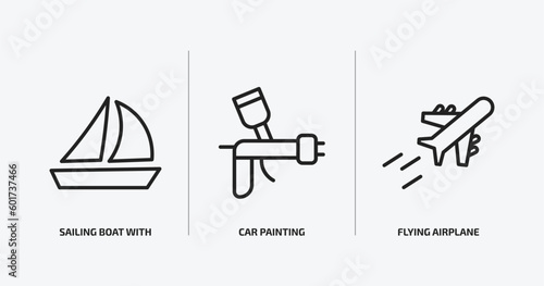 transport outline icons set. transport icons such as sailing boat with veils, car painting, flying airplane vector. can be used web and mobile.
