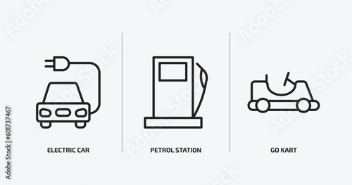 transport outline icons set. transport icons such as electric car, petrol station, go kart vector. can be used web and mobile.