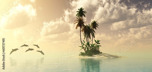 Beautiful sea landscape with an island with palm trees, a tropical island with palm trees in the middle of the ocean, 3d rendering