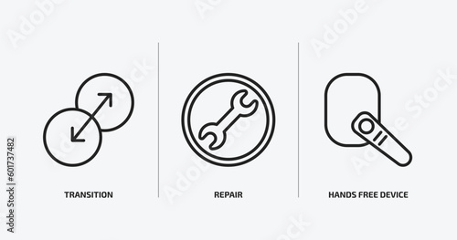 transport outline icons set. transport icons such as transition, repair, hands free device vector. can be used web and mobile.