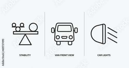 transport outline icons set. transport icons such as stability, van front view, car lights vector. can be used web and mobile.