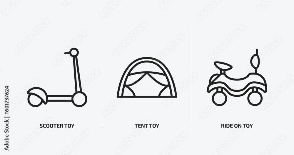 toys outline icons set. toys icons such as scooter toy, tent toy, ride on toy vector. can be used web and mobile.