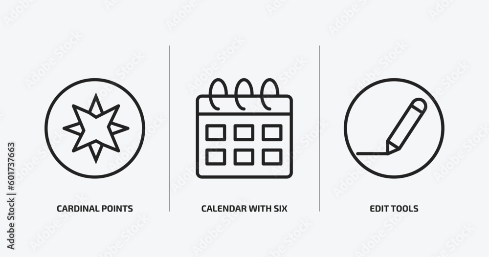 tools and utensils outline icons set. tools and utensils icons such as cardinal points, calendar with six days, edit tools vector. can be used web and mobile.
