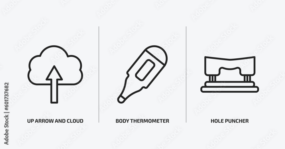 tools and utensils outline icons set. tools and utensils icons such as up arrow and cloud, body thermometer, hole puncher vector. can be used web mobile. tools and utensils outline icons set. tools and utensils icons such as up arrow and cloud, body thermometer, hole puncher vector. can be used web mobile.