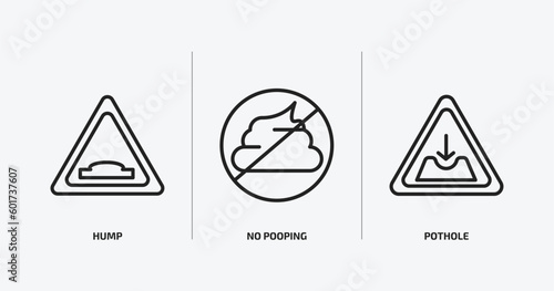 traffic signs outline icons set. traffic signs icons such as hump, no pooping, pothole vector. can be used web and mobile.