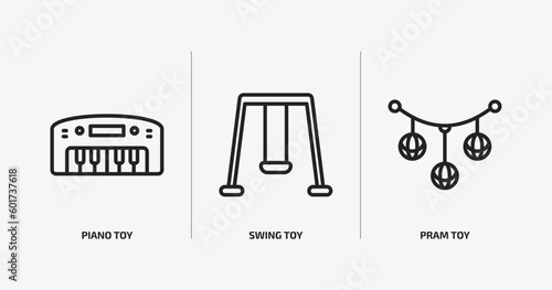 toys outline icons set. toys icons such as piano toy, swing toy, pram toy vector. can be used web and mobile.