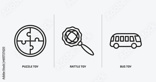 toys outline icons set. toys icons such as puzzle toy, rattle toy, bus toy vector. can be used web and mobile.