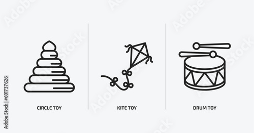 toys outline icons set. toys icons such as circle toy, kite toy, drum toy vector. can be used web and mobile.