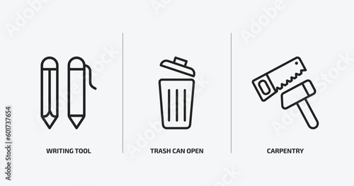 tools and utensils outline icons set. tools and utensils icons such as writing tool  trash can open  carpentry vector. can be used web and mobile.
