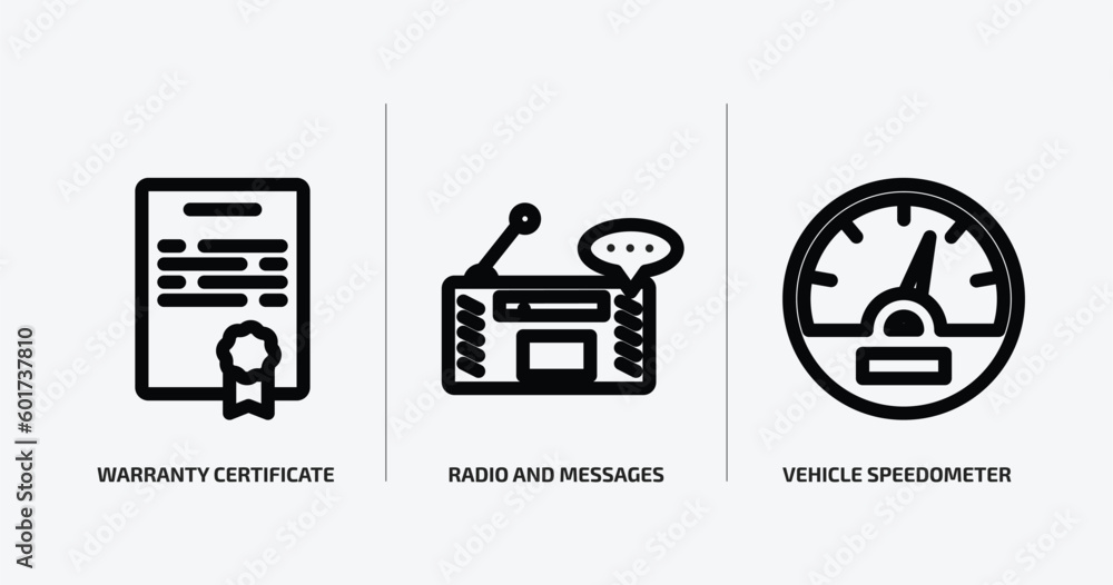 technology outline icons set. technology icons such as warranty certificate, radio and messages, vehicle speedometer vector. can be used web and mobile. technology outline icons set. technology icons such as warranty certificate, radio and messages, vehicle speedometer vector. can be used web and mobile.