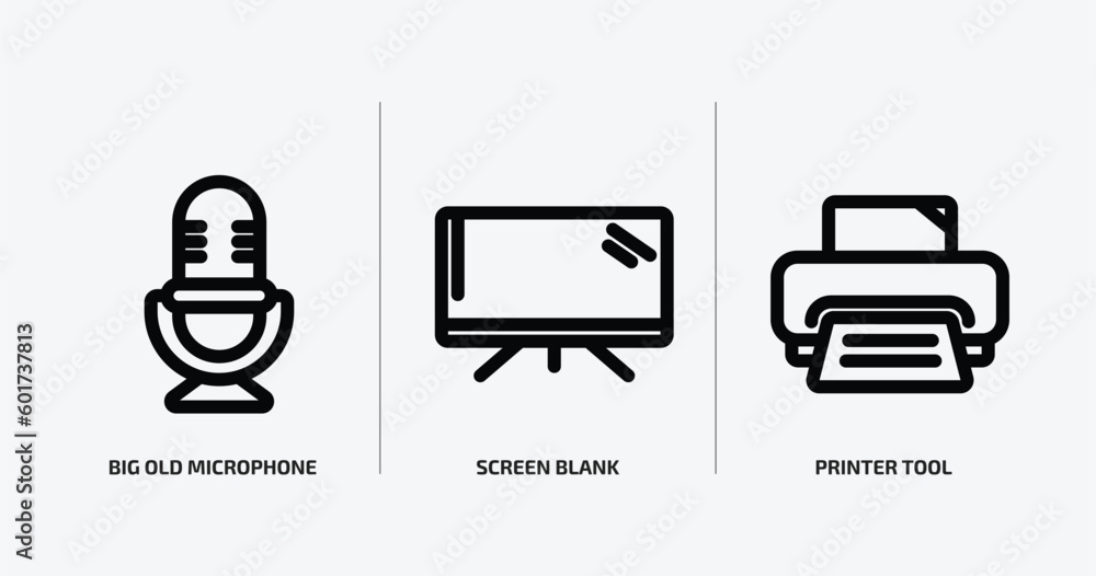 technology outline icons set. technology icons such as big old microphone, screen blank, printer tool vector. can be used web and mobile. technology outline icons set. technology icons such as big old microphone, screen blank, printer tool vector. can be used web and mobile.
