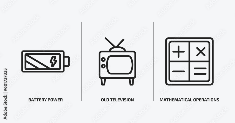 technology outline icons set. technology icons such as battery power, old television, mathematical operations vector. can be used web and mobile. technology outline icons set. technology icons such as battery power, old television, mathematical operations vector. can be used web and mobile.