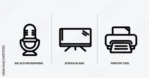 technology outline icons set. technology icons such as big old microphone, screen blank, printer tool vector. can be used web and mobile.