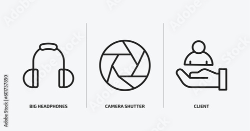 technology outline icons set. technology icons such as big headphones, camera shutter, client vector. can be used web and mobile.