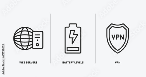technology outline icons set. technology icons such as web servers, battery levels, vpn vector. can be used web and mobile.