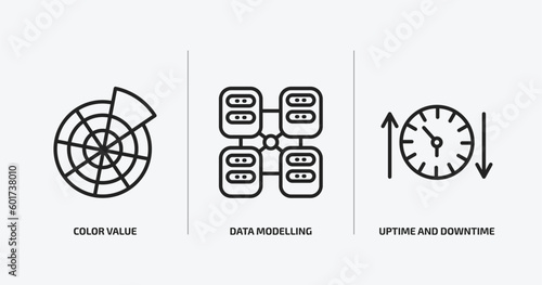 technology outline icons set. technology icons such as color value, data modelling, uptime and downtime vector. can be used web and mobile.