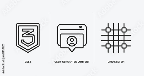 technology outline icons set. technology icons such as css3, user-generated content, grid system vector. can be used web and mobile.