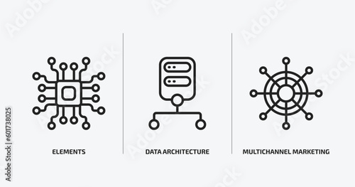 technology outline icons set. technology icons such as elements, data architecture, multichannel marketing vector. can be used web and mobile.