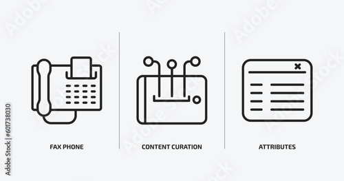 technology outline icons set. technology icons such as fax phone, content curation, attributes vector. can be used web and mobile.