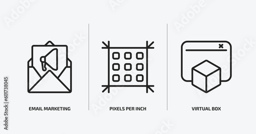 technology outline icons set. technology icons such as email marketing, pixels per inch, virtual box vector. can be used web and mobile.